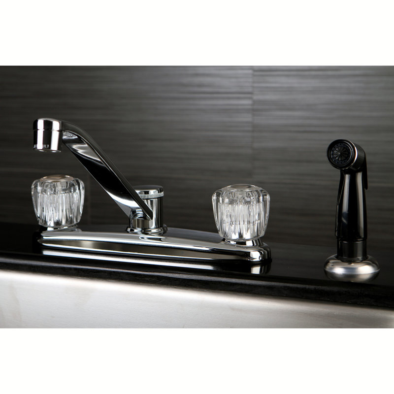 Kingston Brass Americana Two-Handle 8" Centerset Kitchen Faucet, Polished Chrome, With Spray, Knob/Cross handle