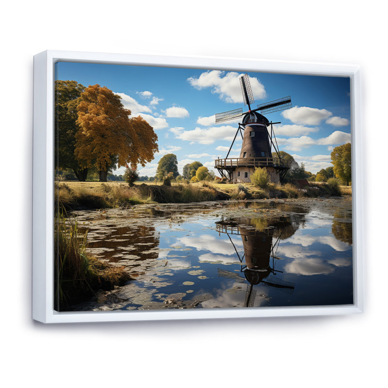 «Holland Windmill Reflections II», reproduction sur toile, H 16 po x l 32 po x P 1 po, Cadre flottant blanc