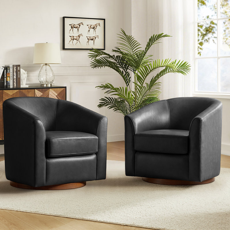 Fauteuil demi-tonneau pivotant en cuir véritable de 30,5 po de largeur avec base en bois massif Amiir, Noir