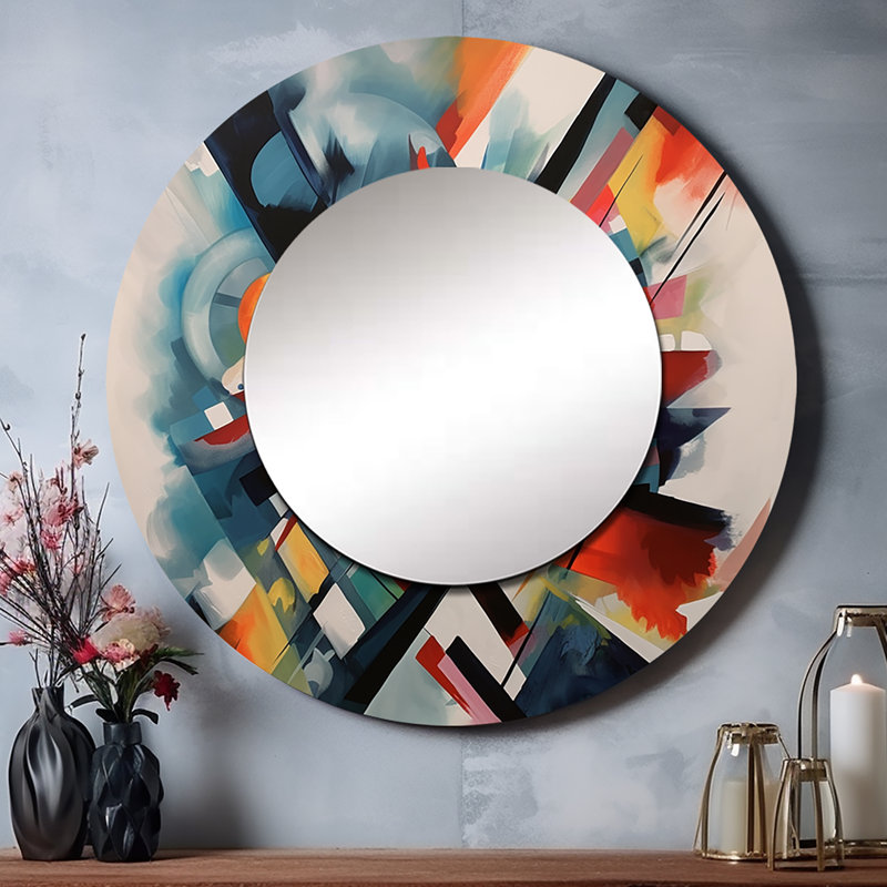 Pegeese Blue Abstracted Fractals And Dimensions III - Geometric Mirror, Modern Round Decorative Wall Mirror, Printed Metal Art