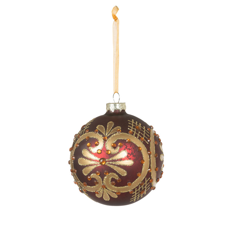 Ruby Beaded Pattern Glass Ball Ornament
