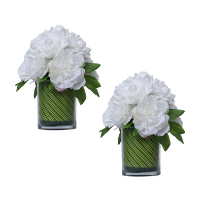 2 Pack Of 13" Bouquets Of Faux Hydrangeas, Peonies, And Roses In A Circular Glass Vase  - White