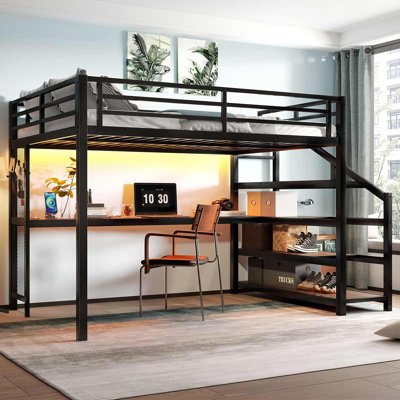 Metal Loft Bed With LED Lights And USB Ports Bed With Multifunctional Iron Nets And Desk No Spring Box Needed