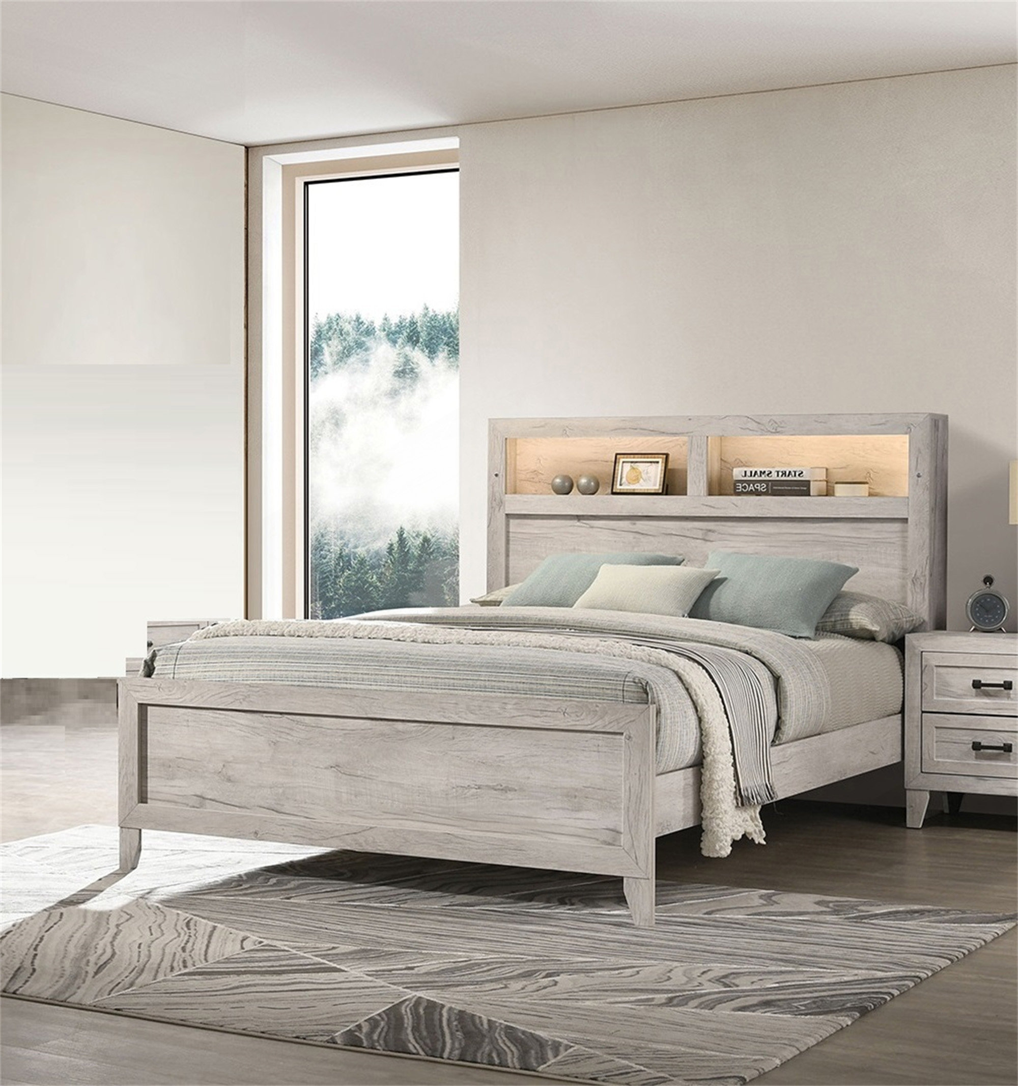 Ebern Designs Queen Size Bed With Integrated Headboard Shelves And ...