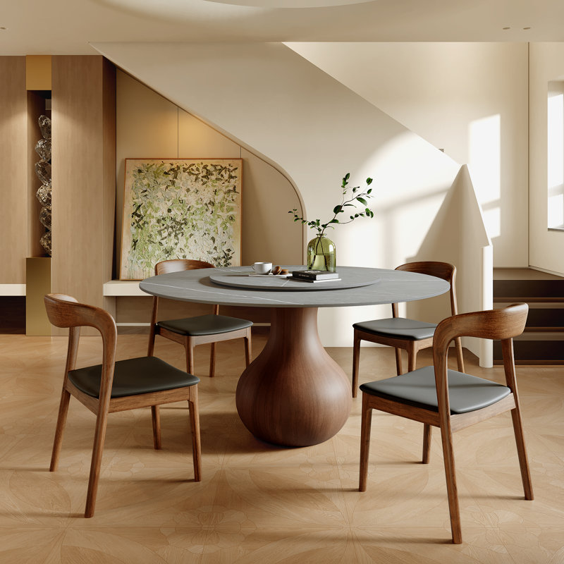 Ikerne 5Pcs Gray Dining Table Chairs Set With Lazy Susan, 29.52”H x 53.15”L x 53.15”W