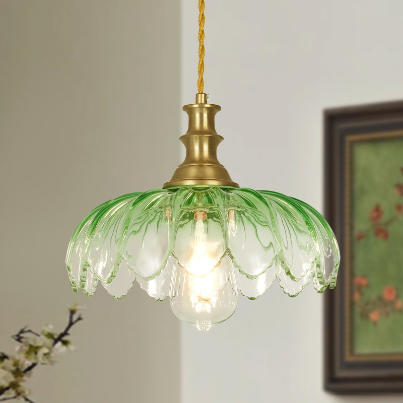Luminaire suspendu en forme de dôme doré à 1 lumière de 10,23 po de largeur avec abat-jour en verre pétale avec cordon, 1