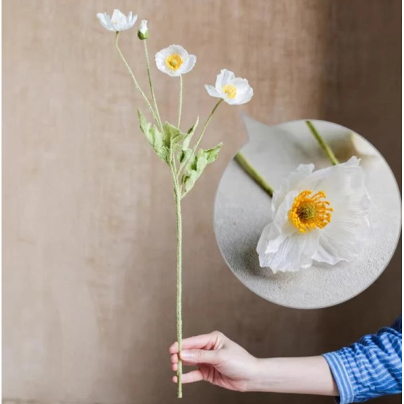 Jet de coquelicot en soie, 5 tiges, Blanc