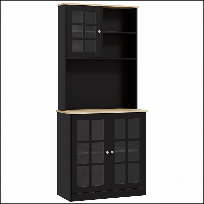 Armoire de cuisine autoportante avec huche, tablettes réglables et portes en verre pour un rangement et une présentation élégants