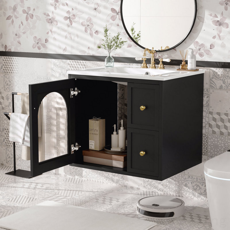 Ensemble de meuble-lavabo mural 24 po pour petit espace, lavabo en céramique, 2 tiroirs et 1 porte à fermeture en douceur