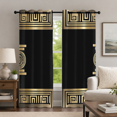 2 pièces rideaux géométriques noirs et dorés, rideaux de style rétro, drapeaux à motif grec moderne et minimaliste avec œillets, habillage de fenêtre pour le décor de la chambre à coucher