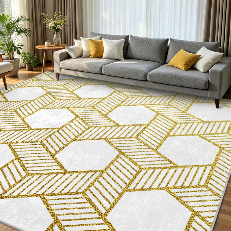 Tapis intérieur doré à motif géométrique sans couture lavable à la machine, Rectangle 79 po x 118 po