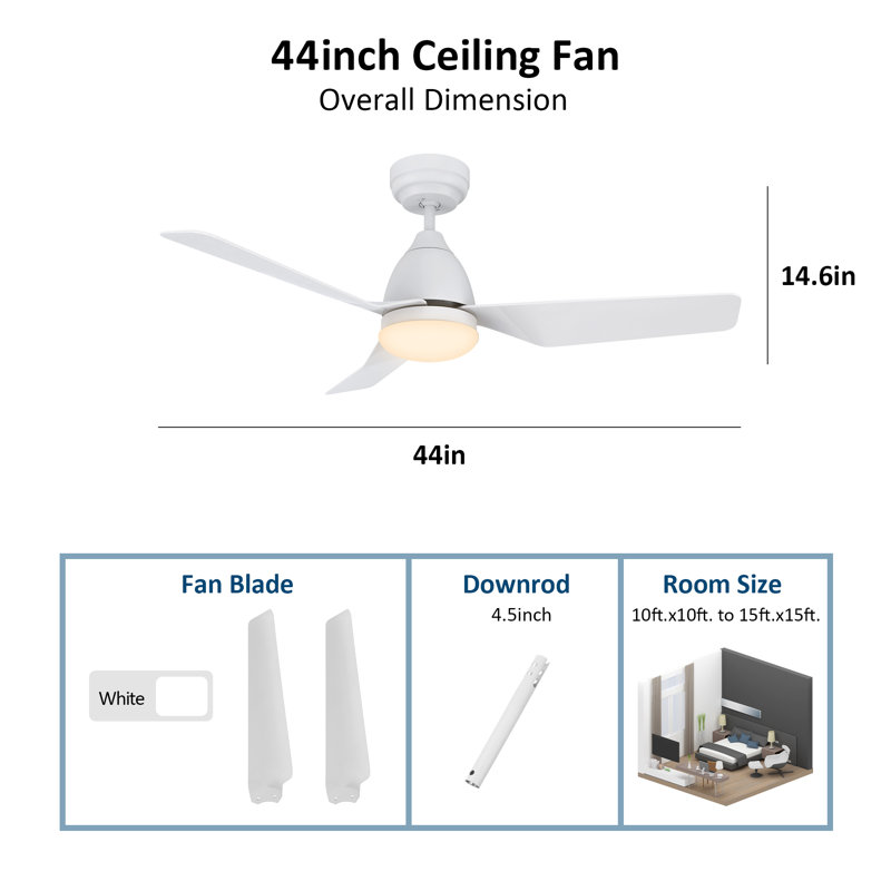 Ventilateur de plafond standard intelligent à 3 pales 44 po avec télécommande et ensemble d'éclairage Raenah