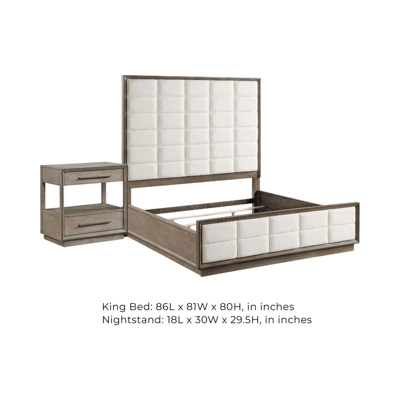Ensemble de chambre à coucher King, capitonné, chêne brun, blanc, 2 pièces avec table de chevet
