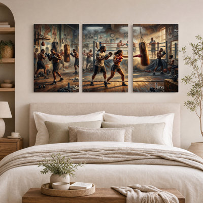 Boxing Gym Training Scene with Punching Bags Set Of 3 Canvas Wall Art