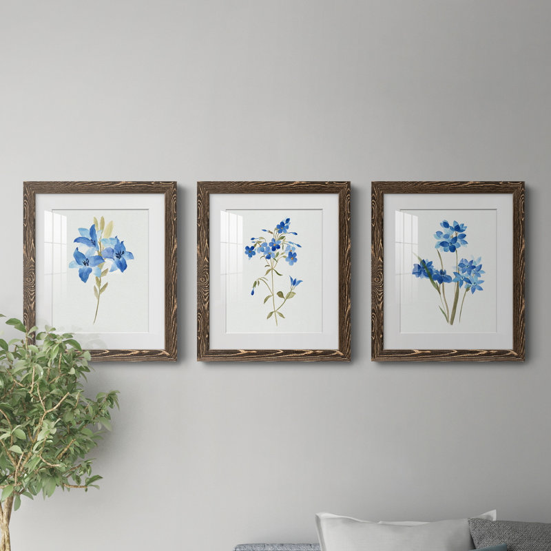 «Blue Blossom Botanical I», ensemble de 3 cadres photo, Noyer, H 31,5 po x l 43,5 po x P 1 po