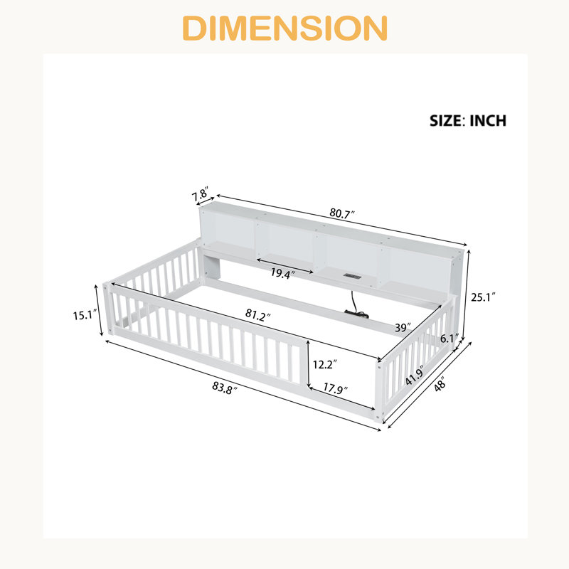 Lit en bois simple TG avec rangement et ports USB, Blanc