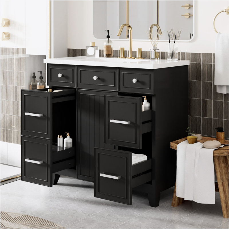 Ensemble de meuble-lavabo de salle de bain 36 "avec comptoir de lavabo, noir, lavabo simple, armoire avec porte à fermeture douce et 3 tiroirs