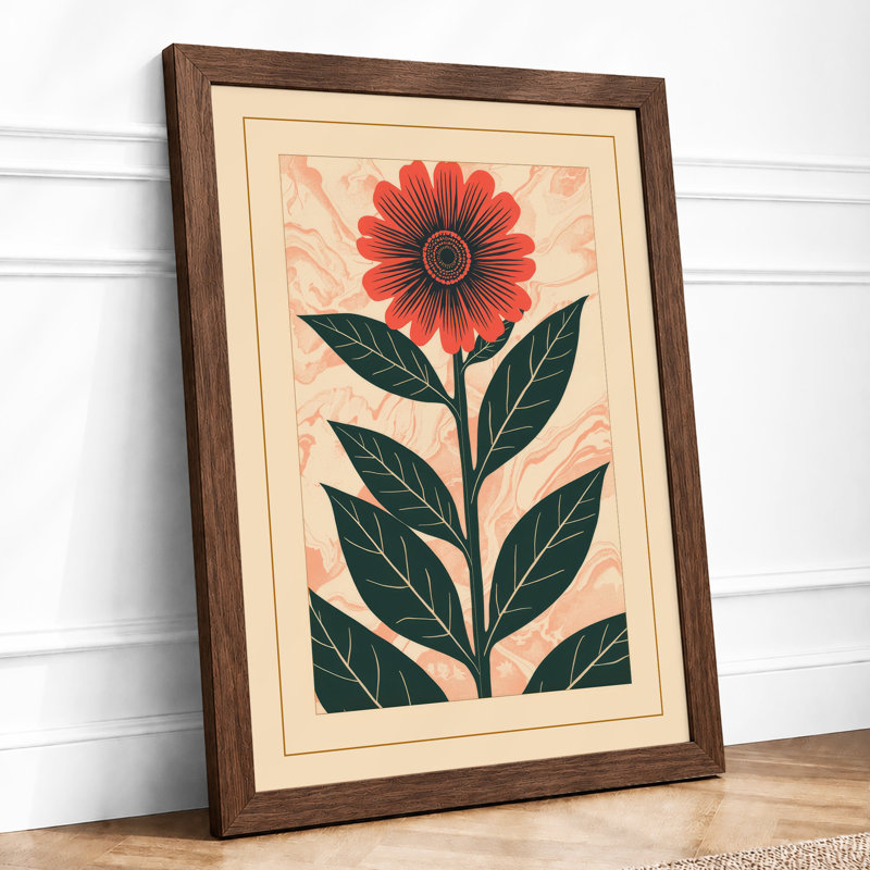 Red Gerbera Daisy Botanical - Print, Walnut, A1 - 84.1 x 59.4 cm