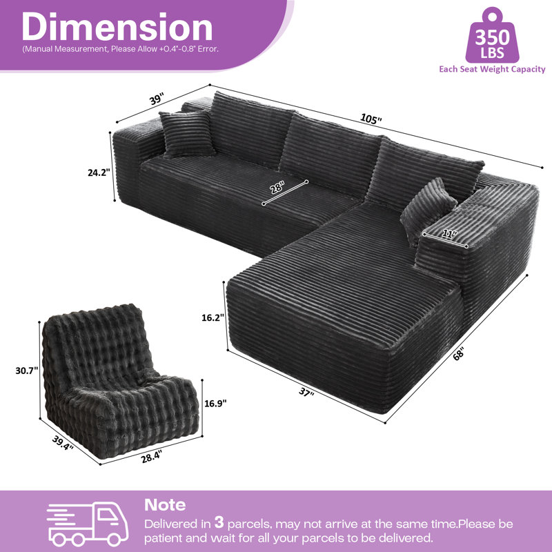 Canapé-lit modulaire Coza, canapé convertible avec fauteuil à billes pour le salon, Orienté à droite, Gris