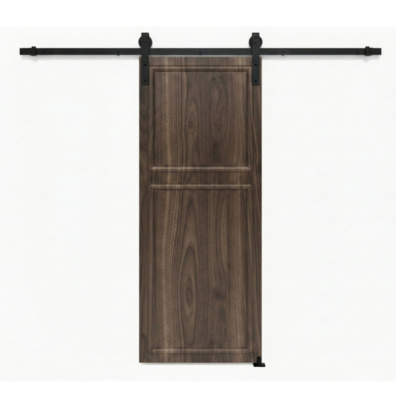 Porte coulissante en panneau de fibres à densité moyenne à 2 panneaux et à finition noyer de 38 pouces de 72 po x 79 po et 3/4 po d'épaisseur avec quincaillerie de porte de grange.