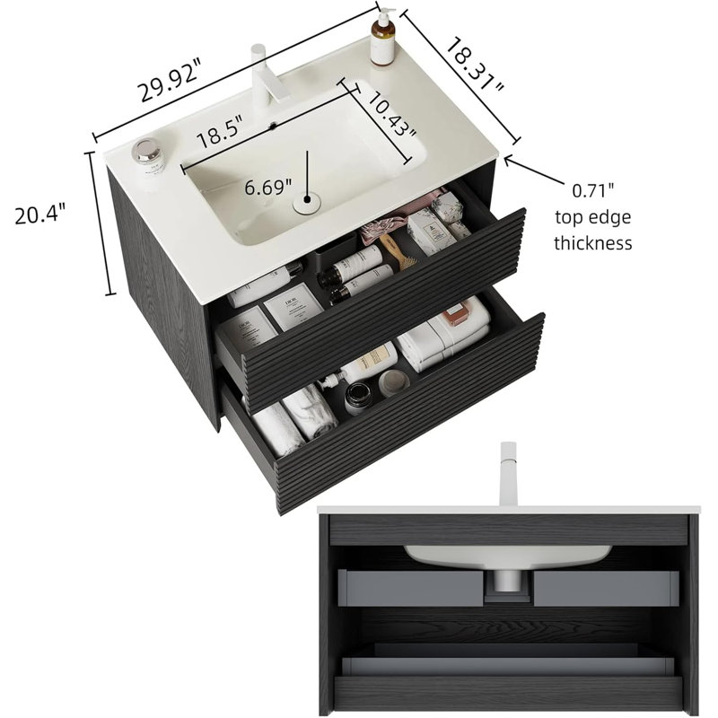 Meuble-lavabo flottant 30 po avec lavabo, lavabo intégré en céramique et 2 tiroirs inférieurs spacieux