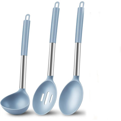 3 Piece Silicone Cooking Utensil Set, Heat Resistant Kitchen Spoons with Stainless Steel Handles