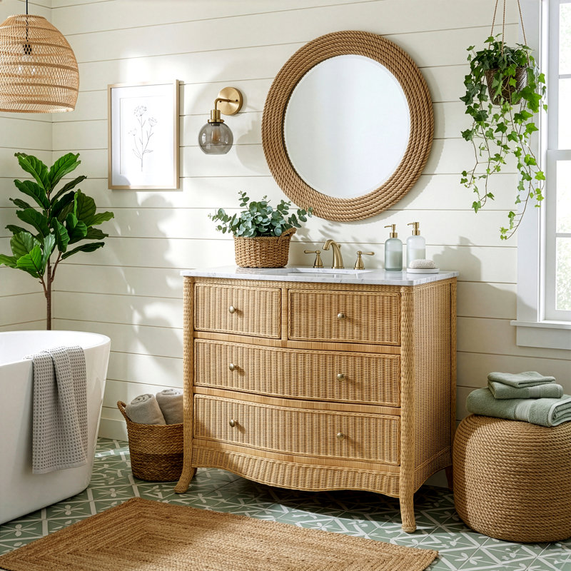 McLean 42"W Marble-Rattan 2 Drawer Bathroom Vanity