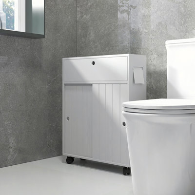 Armoire à papier hygiénique, armoire de salle de bain mince avec 4 roulettes, petite armoire de rangement pour salle de bain avec trous en papier, portes coulissantes et tablette réglable pour les petits espaces