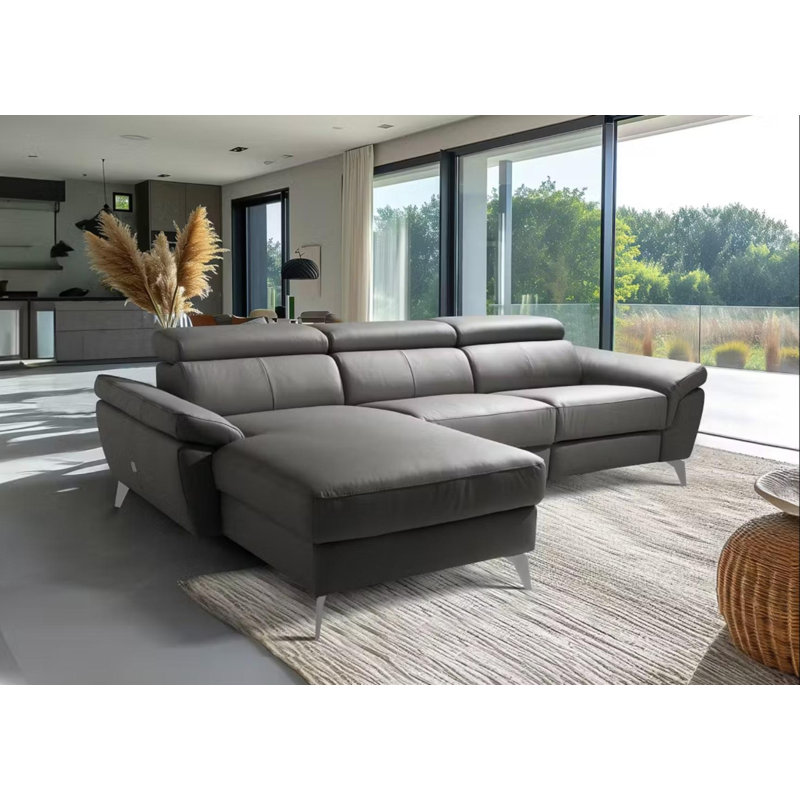 Milton Keynes Italian Leather Electric Reclining Corner Sofa with Adjustable Headrests and Adjustable Armrests, Grey