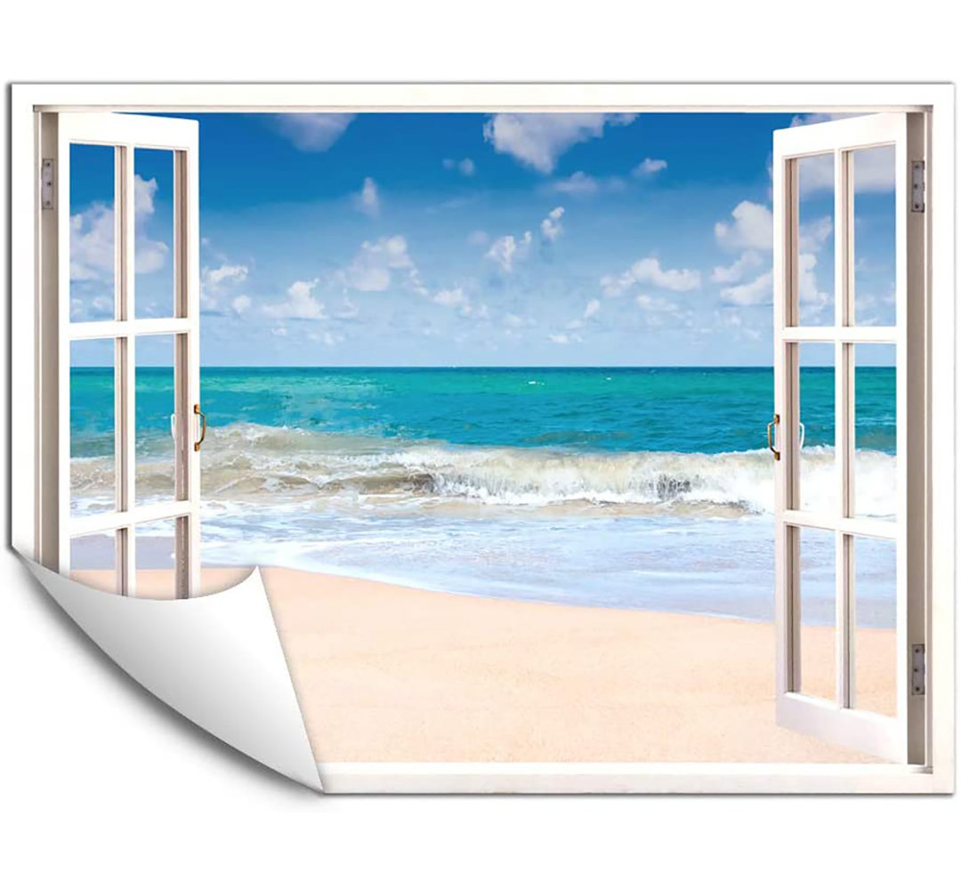Natural Scenery View From White Window Blue Coastal Beach Décor Wall Paper Peel & Stick Wall Mural IDEA4WALL 