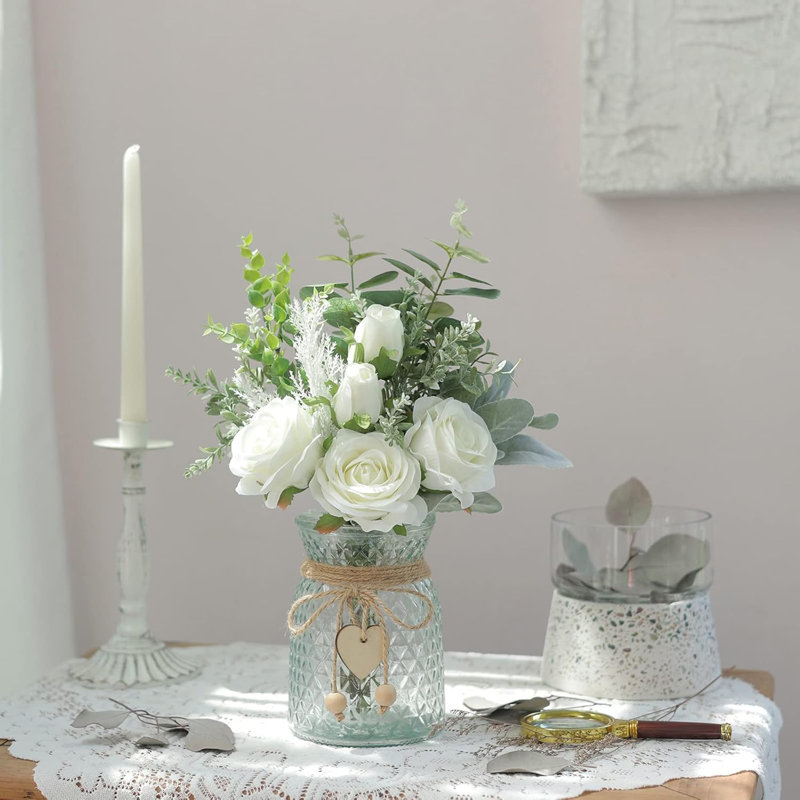 Bouquet de roses artificielles avec vase en verre, décoration d'eucalyptus pour centres de table, fleurs décoratives, rose