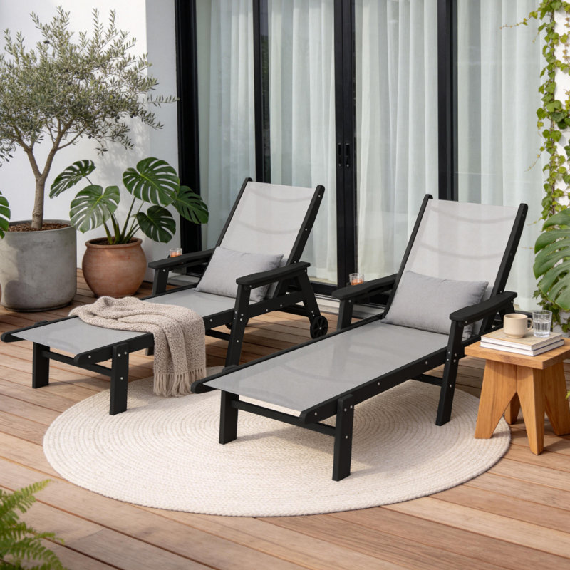 74" HDPE Reclining Chaise Lounge – 5-Position Adjustable with Cup Holder and Wheels, Black