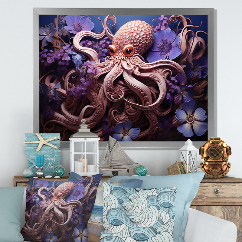 Mauve oasis de pieuvre II - art mural animaux côtiers, Cadre d'angle fermé noir, H 30 po x l 40 po x P 1,5 po