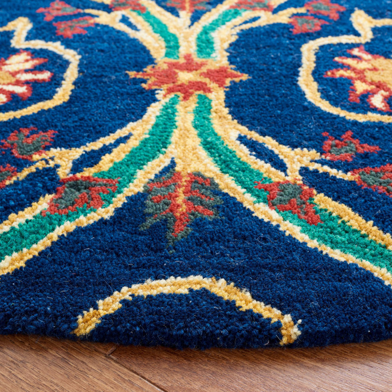 Drihmi Hand Tufted Wool/Cotton Geometric Rug in Green/Navy/Yellow, Round 6'