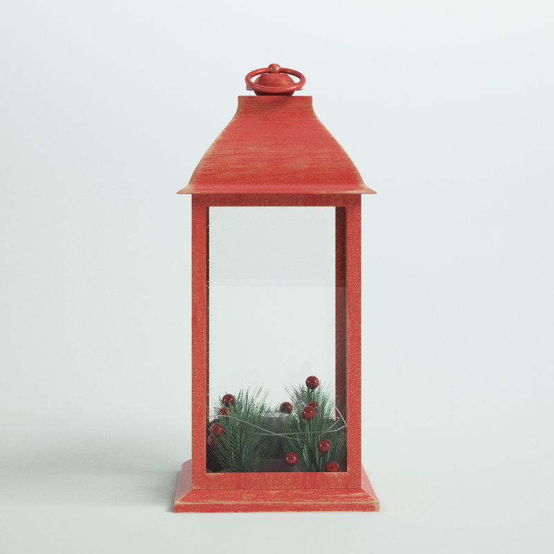 Lanterne à DEL rouge et dorée rustique avec baies de Noël et pomme de pin