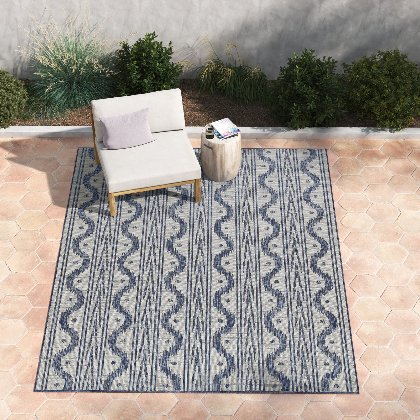 Karini Blue White Ikat Outdoor Rug, Rectangle 8' x 10'