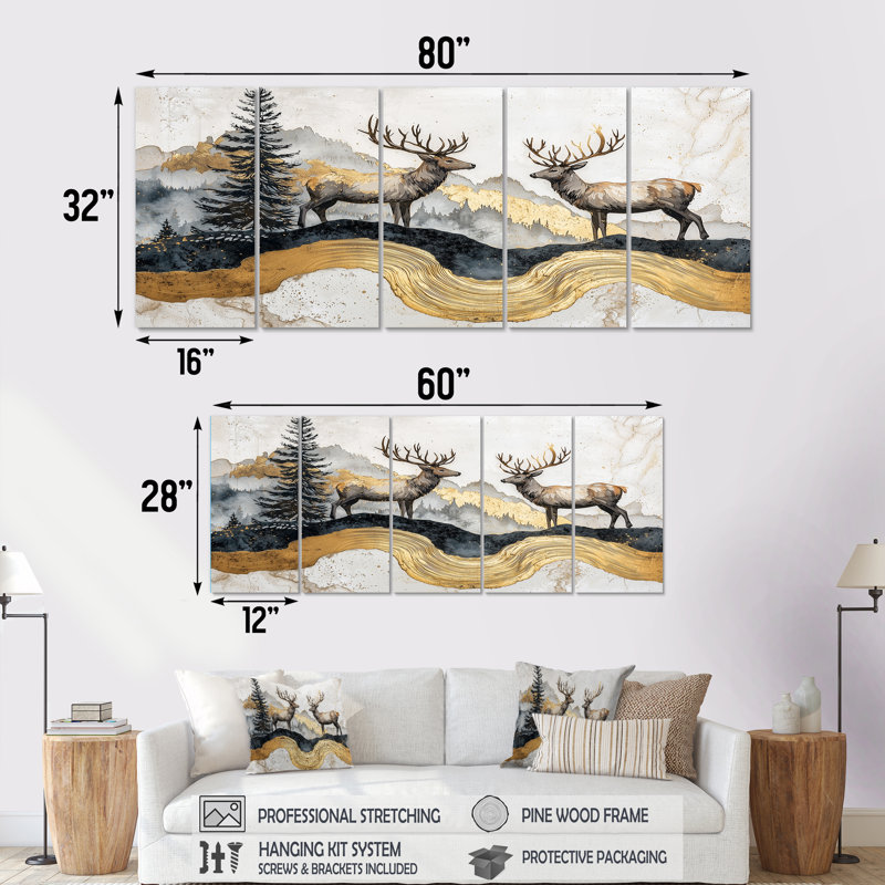 «Golden Deer Landscape Grace in The Forest V» - art mural animal cerf - ensemble d'art mural moderne, H 28 po x l 60 po
