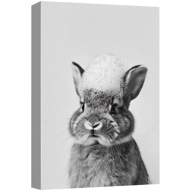 «Bunny with Soap Bubbles», impression sur toile encadrée d'un animal monochrome adorable pour une décoration ludique de salle de bain ou de chambre de bébé