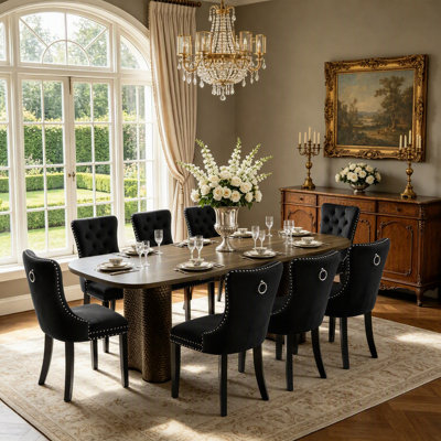 Ensemble de salle à manger ovale extensible 9 pièces pour 8 personnes, table de cuisine de style campagnard de 63" à 95" avec base incurvée martelée et 8 chaises capitonnées en velours