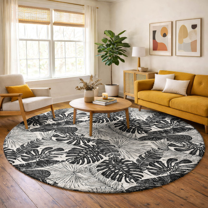 Premium Machine Washable Dream Shag ADS211 Large Leaves Rug, 8' Round