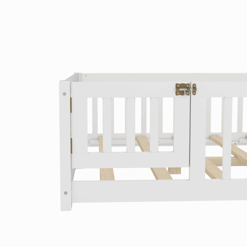 Lit au sol avec garde-corps et porte pour enfants, Lit double, Blanc