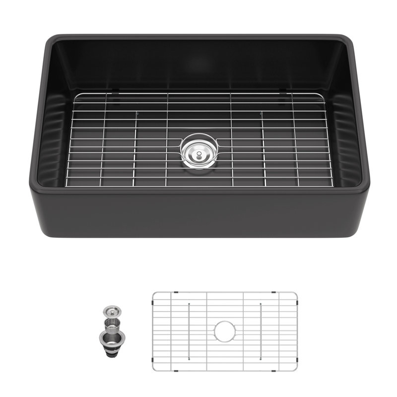 Évier de ferme 33 po noir mat - Évier de cuisine 33 po x 20 po x 10 po à tablier frontal en céramique en porcelaine