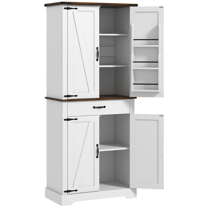 Armoire de cuisine de 71 po de hauteur, garde-manger Farmhouse avec portes de grange, 6 tablettes avec 2 portes, tiroir et tablettes réglables, blanc