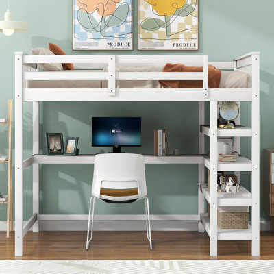 Lit mezzanine double blanc avec bureau pratique et beaucoup de rangement