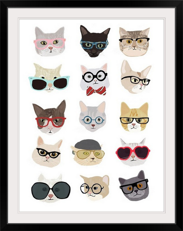 « chats avec verres », reproduction d’impression sur hanna melin, H 48 po x l 36 po x P 1,5 po, Toile