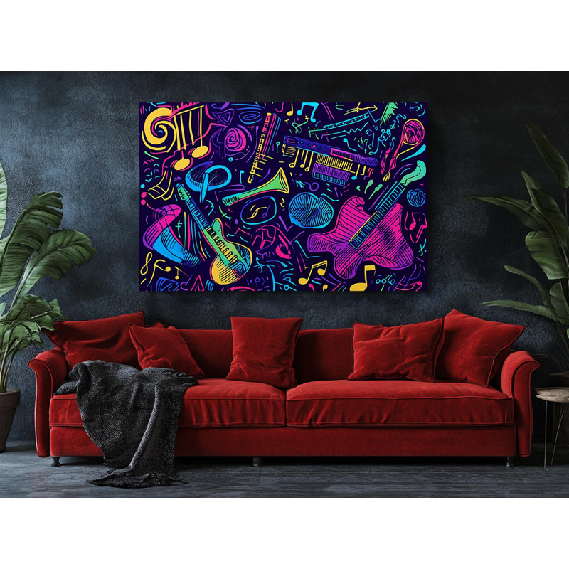 Reproduction d'art sur toile de haute qualité - Doodle coloré d'instruments de musique - Art mural - Cadeau - Décoration murale, reproduction d'art