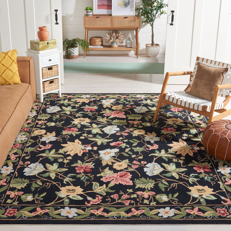 Tapis noir en laine bouclé / crocheté à la main Hollander, Rectangle 8 pi x 10 pi