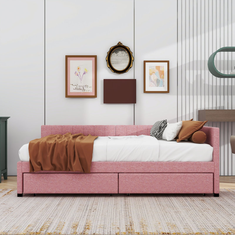 Full Upholstered Sofa Daybed with Drawers, Pink