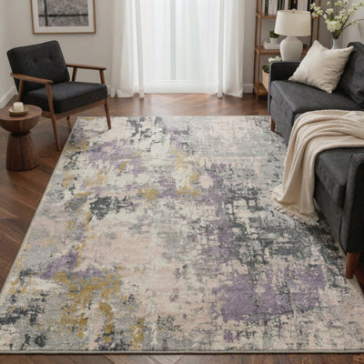 Abdul Abstract Painterly Strokes Machine Washable Misty Lavender Indoor Area Rug With Non-Slip Backing