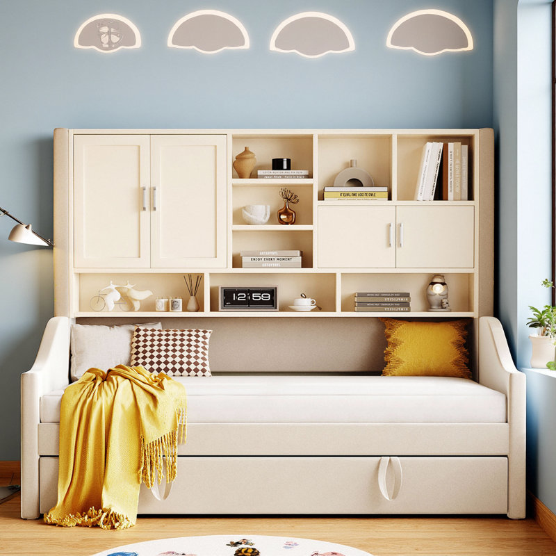 Lit de jour tout-en-un à bandes lumineuses encastrées avec armoires de rangement et lit gigogne relevable, Beige